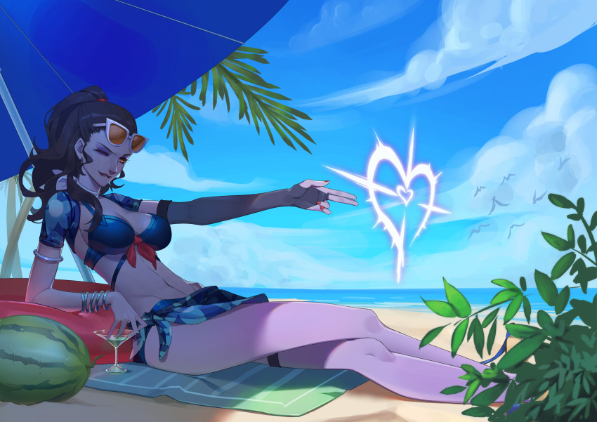 1girl absurdres beach biting_own_lip blue_umbrella chinese_commentary cloud cloudy_sky colored_skin cote_d&#039;azur_widowmaker eyewear_on_head finger_gun floral_print food fruit heart highres jewelry niupisang official_alternate_costume one_eye_closed orange-tinted_eyewear orange_eyes overwatch plant ponytail purple_skin red_nails sky solo sunglasses tinted_eyewear umbrella watermelon widowmaker_(overwatch)