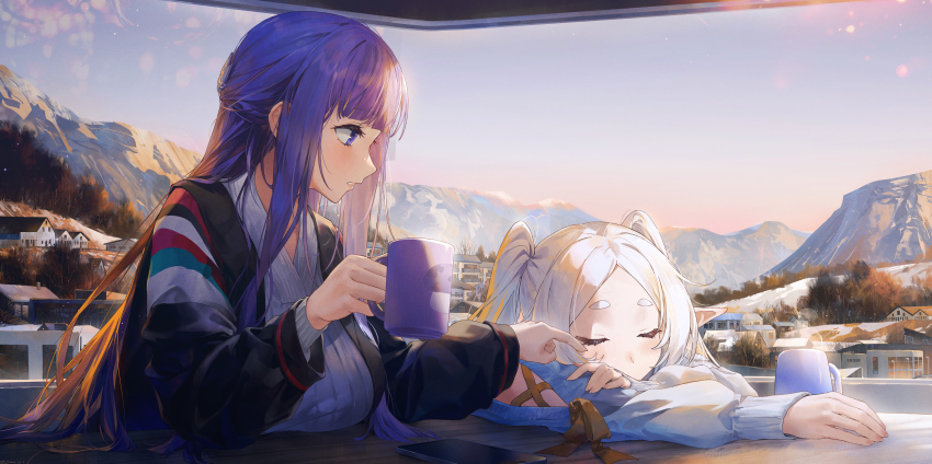 2girls absurdres black_coat closed_eyes coat cup elf fern_(sousou_no_frieren) forehead frieren highres holding holding_cup long_hair long_sleeves looking_at_another multiple_girls open_clothes open_coat outdoors parted_lips pointy_ears purple_eyes purple_hair sitting sky sousou_no_frieren swkl:d table thick_eyebrows twintails upper_body white_hair