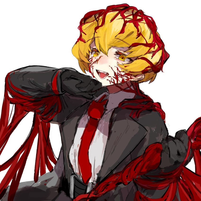 1boy black_coat black_gloves blonde_hair blood blood_on_face blood_vessels coat collared_shirt e.g.o_(project_moon) gloves highres impending_day_(e.g.o) letang limbus_company long_sleeves looking_at_viewer necktie open_mouth project_moon red_necktie shirt simple_background sinclair_(project_moon) smile solo upper_body veins white_background white_shirt yellow_eyes