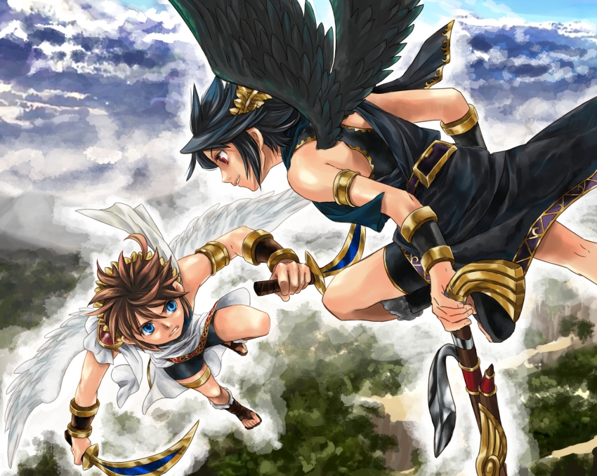 2boys aerial_battle angel armlet battle bird_wings black_hair blue_eyes blue_sky bracer brown_eyes brown_hair child cloud dark_pit flying highres jewelry karasuma_pink kid_icarus kid_icarus_uprising knife looking_at_another male_focus multiple_boys nintendo open_mouth outdoors pit_(kid_icarus) red_eyes sky smile spandex wings