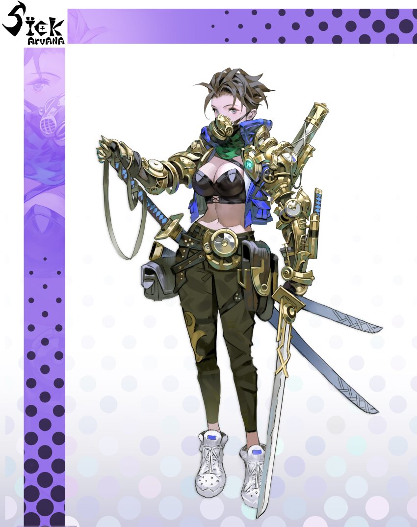 1girl absurdres arowana2111 bag black_hair breasts gas_mask gears highres holding holding_sword holding_weapon katana large_breasts mask navel original short_hair spiked_hair steampunk sword weapon white_footwear