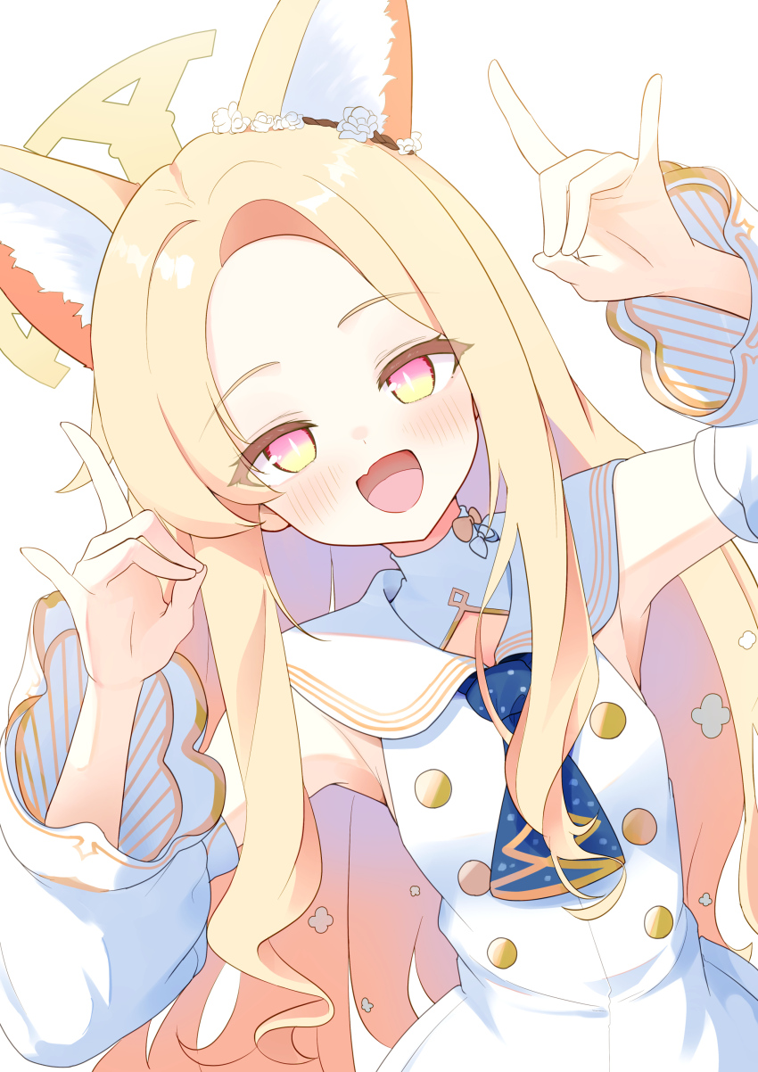 1girl :d absurdres animal_ear_fluff animal_ears aoto_mei armpits blonde_hair blue_archive blush bow bright_pupils commentary_request double_fox_shadow_puppet dress forehead fox_ears fox_girl fox_shadow_puppet halo hands_up happy highres leaning_to_the_side long_hair looking_at_viewer open_mouth parted_bangs sailor_collar seia_(blue_archive) sidelocks simple_background smile upper_body very_long_hair white_background white_dress white_pupils white_sailor_collar yellow_bow yellow_halo