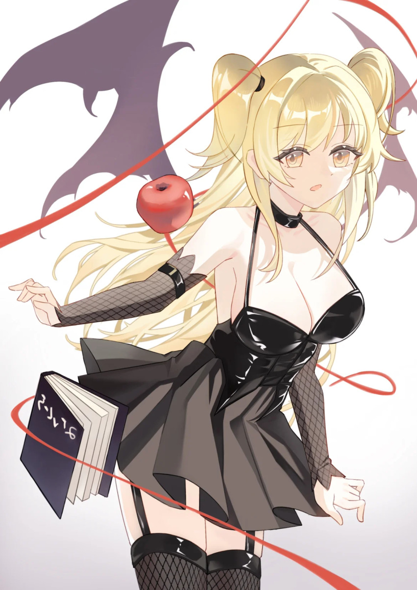 1girl 762807438 amane_misa apple bare_shoulders bat_wings black_dress blonde_hair breasts brown_eyes cleavage commentary death_note death_note_(object) detached_sleeves dress fake_wings fishnet_sleeves fishnet_thighhighs fishnets food fruit garter_straps halter_dress halterneck highres large_breasts long_hair open_mouth apple simple_background solo string string_of_fate thighhighs two_side_up white_background wings