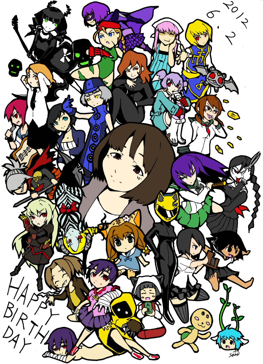 6+girls absurdres bioshock bioshock_(series) bioshock_infinite black_hair black_necktie black_skirt blonde_hair blue_gloves blue_hair blush_stickers bow braid brown_eyes brown_hair cammy_white celty_sturluson character_request closed_eyes copyright_request danganronpa_(series) durarara!! elizabeth_(bioshock_infinite) elizabeth_(persona) fukawa_toko genocider_shou gloves green_eyes grey_hair guitar happy_birthday highres hit-girl holding holding_microphone holding_scissors instrument kick-ass light_blue_hair microphone multiple_girls necktie open_mouth persona pink_hair purple_hair purple_skirt red_bow red_eyes sailor_collar samidare_satsuki sawashiro_miyuki school_uniform scissors skirt street_fighter top_wo_nerae!_(series) top_wo_nerae_2! voice_actor_connection yellow_eyes