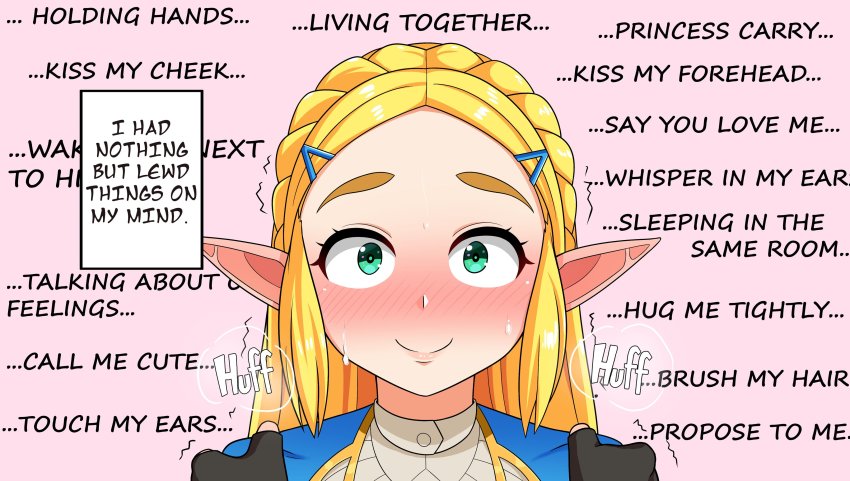 1girl absurdres blonde_hair blush braid commentary elf english_text forehead green_eyes hair_ornament hairclip hands_on_shoulders heavy_breathing highres holding_hands_is_lewd link long_hair looking_at_viewer nintendo nose_blush pointy_ears pov princess_zelda sidelocks smile solo sweatdrop text_focus the_legend_of_zelda the_legend_of_zelda:_breath_of_the_wild the_legend_of_zelda:_tears_of_the_kingdom the_only_shoe thick_eyebrows