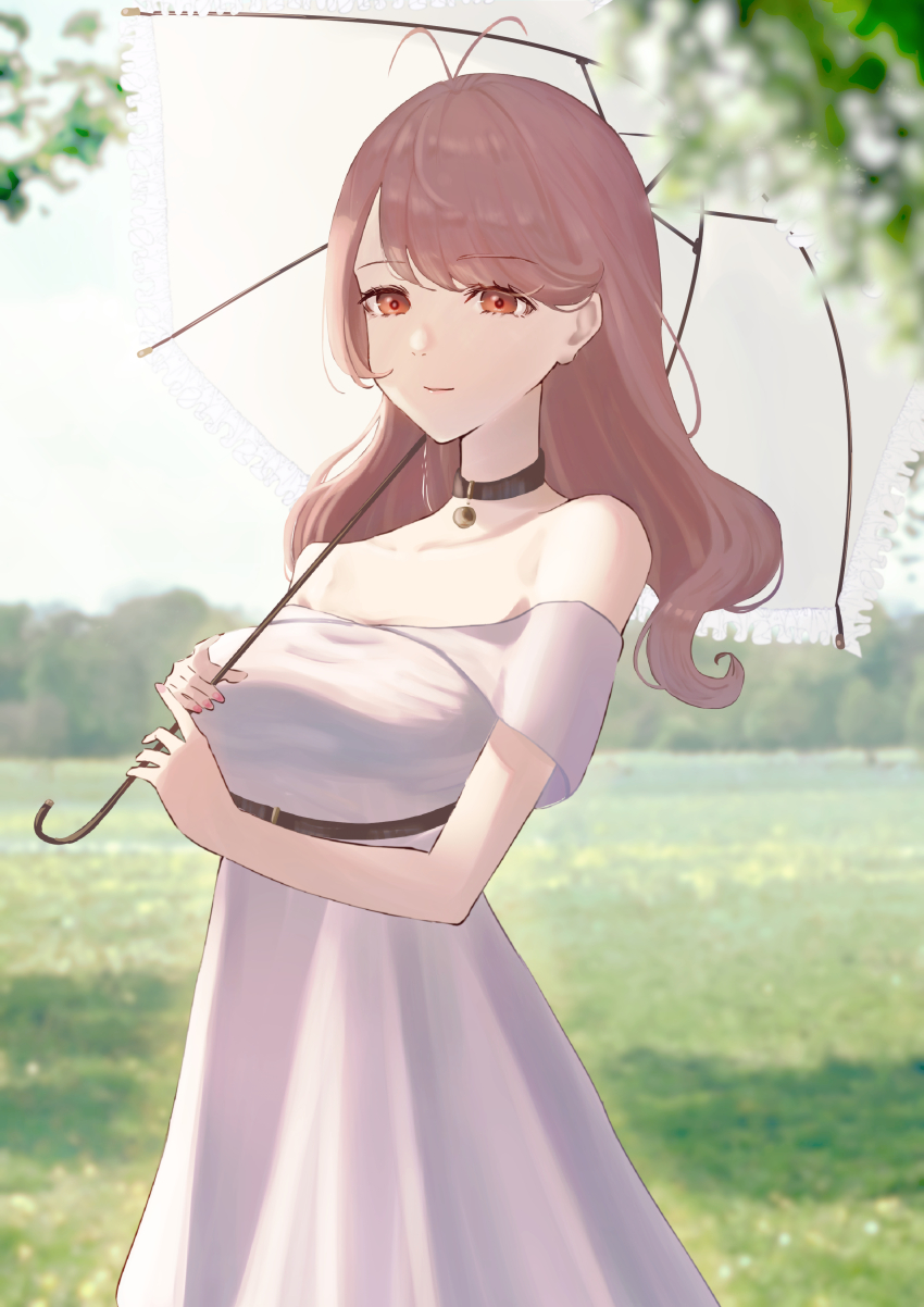 1girl absurdres ahoge antenna_hair aoi_tooru bare_shoulders blurry blurry_background breasts closed_mouth day dress field grass highres holding holding_umbrella long_dress medium_hair misonoo_mana nature outdoors pink_hair red_eyes scenery sky smile solo tokyo_7th_sisters tree umbrella white_dress white_umbrella