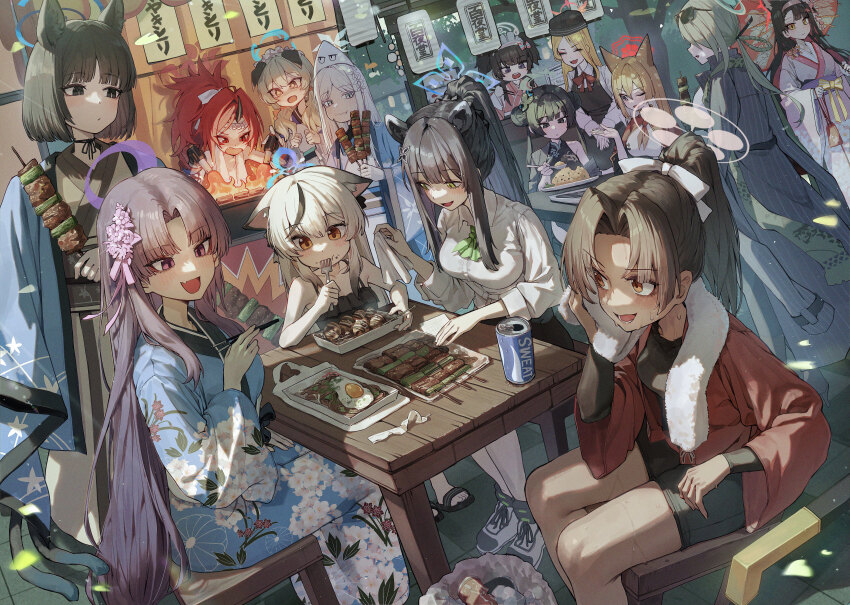 6+girls absurdres animal_ears black_hair blue_archive blue_kimono breasts chopsticks eating food fork green_eyes grey_halo hair_intakes halo highres holding holding_chopsticks holding_food holding_fork japanese_clothes kikyou_(blue_archive) kimono kisaki_(blue_archive) kokona_(blue_archive) kokukyukeo large_breasts long_hair long_sleeves looking_at_another mina_(blue_archive) multiple_girls nagusa_(blue_archive) on_chair open_mouth outdoors pina_(blue_archive) ponytail purple_eyes purple_hair renge_(blue_archive) rickshaw_student_(blue_archive) rumi_(blue_archive) shirt shizuko_(blue_archive) shun_(blue_archive) sitting sweat table towel umika_(blue_archive) wakamo_(blue_archive) white_shirt white_towel yukari_(blue_archive)