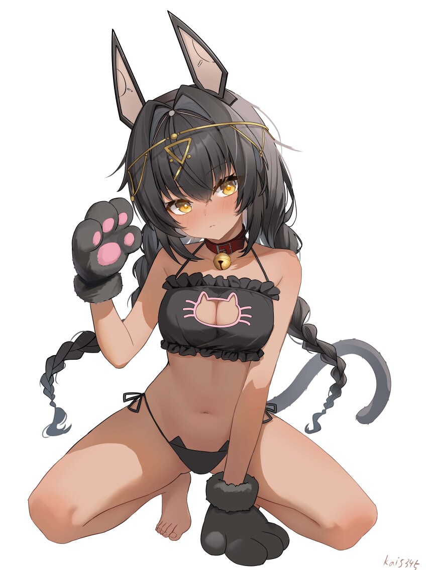 1girl absurdres animal_cutout animal_ears animal_hands bare_shoulders barefoot bell black_bra black_hair black_panties blush bra braid breasts cat_cutout cat_ear_panties cat_ears cat_lingerie cat_tail chinese_commentary circlet cleavage cleavage_cutout closed_mouth clothing_cutout collar collarbone commentary_request crossed_bangs fake_animal_ears fake_tail frilled_bra frills frown full_body gloves hair_between_eyes highres jingle_bell kai_si_(hscn5578) long_hair looking_at_viewer low_twin_braids mauxir_(snowbreak) medium_breasts meme_attire midriff navel neck_bell panties paw_gloves side-tie_panties sidelocks signature simple_background snowbreak:_containment_zone solo squatting tail twin_braids underwear underwear_only white_background yellow_eyes