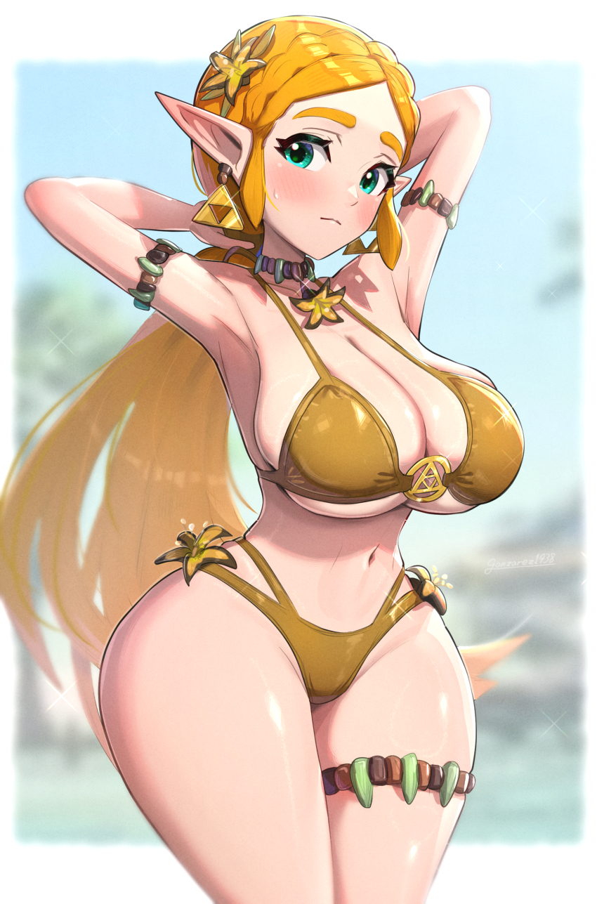 1girl absurdres alternate_costume blonde_hair breasts gonzarez highres huge_breasts large_breasts nintendo pointy_ears princess_zelda solo the_legend_of_zelda thick_thighs thighs wide_hips