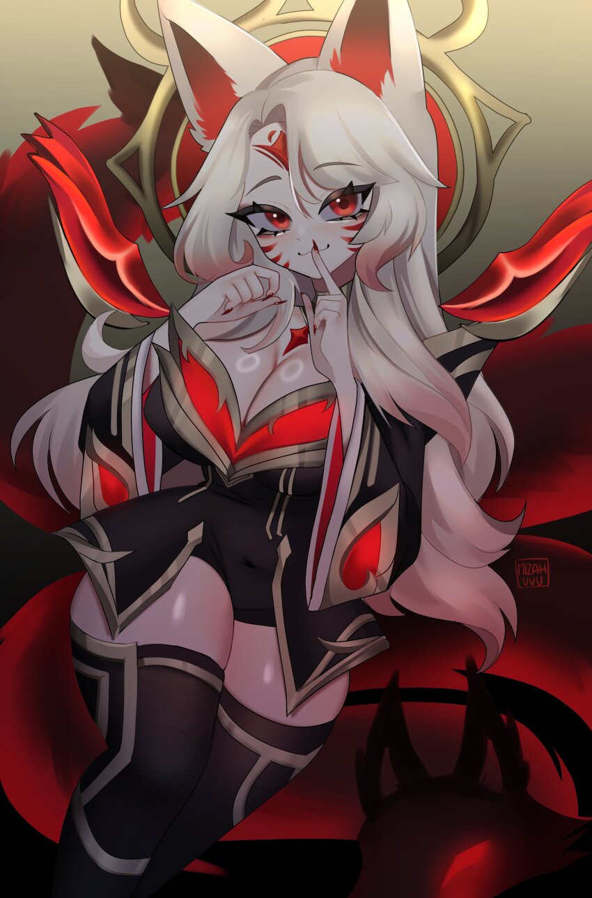 1girl absurdres ahri_(league_of_legends) animal_ears breasts cleavage detached_sleeves facial_mark fingernails forehead_jewel fox_ears highres immortalized_legend_ahri league_of_legends long_hair looking_at_viewer mizah_(mizah) official_alternate_costume official_alternate_hairstyle parted_bangs red_eyes red_nails sidelocks solo tail whisker_markings white_hair wide_sleeves