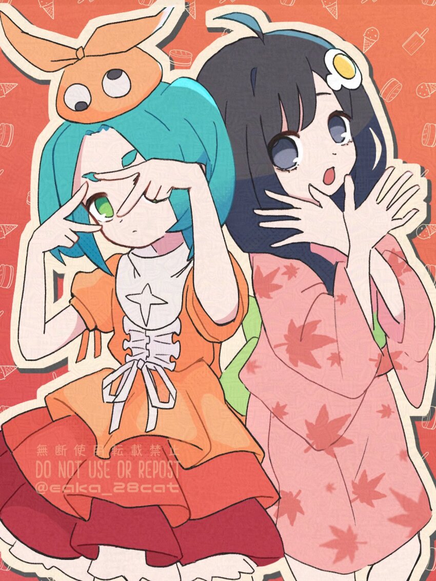 2girls ahoge araragi_tsukihi black_hair blue_hair closed_mouth cotton_1186 cowboy_shot dress egg_hair_ornament english_text expressionless flat_chest food-themed_hair_ornament green_eyes grey_eyes hair_ornament hands_up highres japanese_clothes kimono layered_dress leaf_print long_hair looking_at_viewer maple_leaf_print medium_hair monogatari_(series) multiple_girls obi one_eye_covered ononoki_yotsugi open_mouth orange_background orange_dress orange_outline outline parted_bangs puffy_short_sleeves puffy_sleeves rabbit_hair_ornament red_kimono sash short_eyebrows short_sleeves simple_background standing twintails twitter_username watermark wide_sleeves