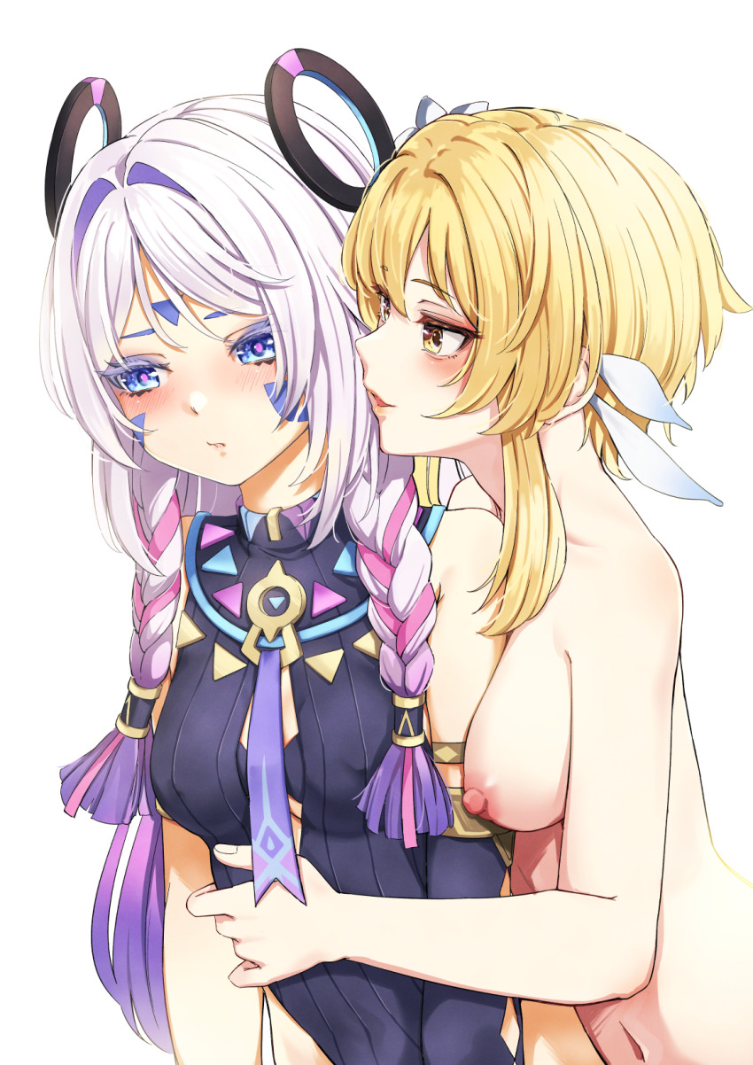 2girls arm_between_breasts bare_shoulders between_breasts black_leotard blonde_hair blue_eyes blush braid breasts citlali_(genshin_impact) clothed_female_nude_female commentary_request completely_nude facial_mark floating_headgear flower funyariko genshin_impact hair_flower hair_intakes hair_ornament headgear highres hug leotard long_hair looking_at_another lumine_(genshin_impact) medium_breasts multiple_girls navel nipples nude parted_lips pink_hair pink_pupils short_hair_with_long_locks simple_background sleeveless_turtleneck_leotard triangle triangle_facial_mark twin_braids upper_body white_background white_flower yellow_eyes yuri