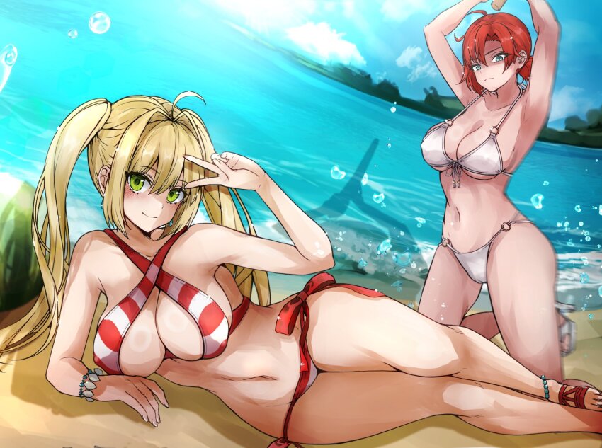 2girls ahoge arms_up bare_shoulders beach bead_bracelet beads bikini blonde_hair blush boudica_(fate) bracelet breasts cleavage collarbone commentary commission criss-cross_halter fate/grand_order fate_(series) green_eyes hair_intakes halterneck highres jewelry large_breasts long_hair looking_at_viewer multiple_girls navel nero_claudius_(fate) nero_claudius_(fate)_(all) nero_claudius_(swimsuit_caster)_(fate) o-ring red_bikini red_hair satou_nui short_hair short_ponytail skeb_commission smile striped_bikini striped_clothes swimsuit thighs twintails white_bikini