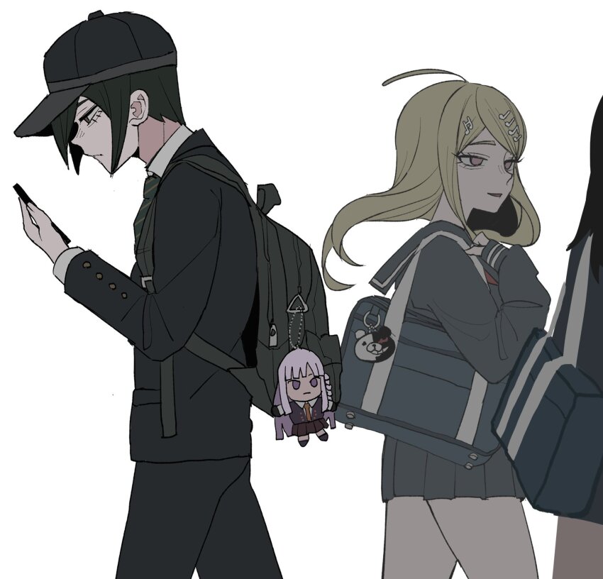 1boy 1girl ahoge akamatsu_kaede backpack bag black_bag black_hair black_hat black_jacket black_pants danganronpa_(series) danganronpa_v3:_killing_harmony formal_clothes fortissimo from_side ha_(user_efmy3542) hair_between_eyes hair_ornament hat highres holding holding_phone jacket kirigiri_kyoko long_hair looking_at_another monokuma musical_note musical_note_hair_ornament official_alternate_costume pants phone saihara_shuichi school_uniform short_hair shoulder_bag