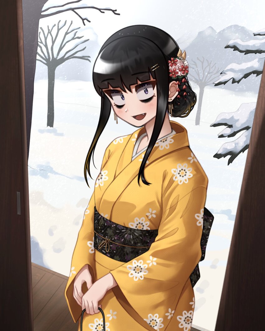 1girl bare_tree black_eyeliner black_eyes black_eyeshadow black_hair coin_purse earrings eyeliner eyeshadow fang floral_print hair_ornament highres japanese_clothes jewelry kimono looking_at_viewer makeup offkair open_mouth original sidelocks snow solo tree yellow_kimono