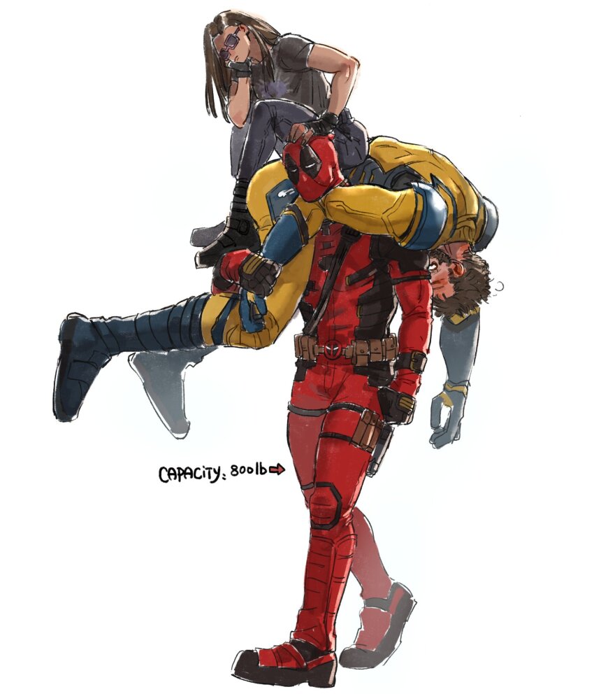 1girl 2boys beard bodysuit carrying deadpool deadpool_&amp;_wolverine deadpool_(series) facial_hair highres laura_kinney marvel marvel_cinematic_universe mcbuckwheat multiple_boys muscular muscular_male red_bodysuit red_mask sunglasses sword two-tone_bodysuit weapon weapon_on_back wolverine_(x-men) x-23 x-men yellow_bodysuit