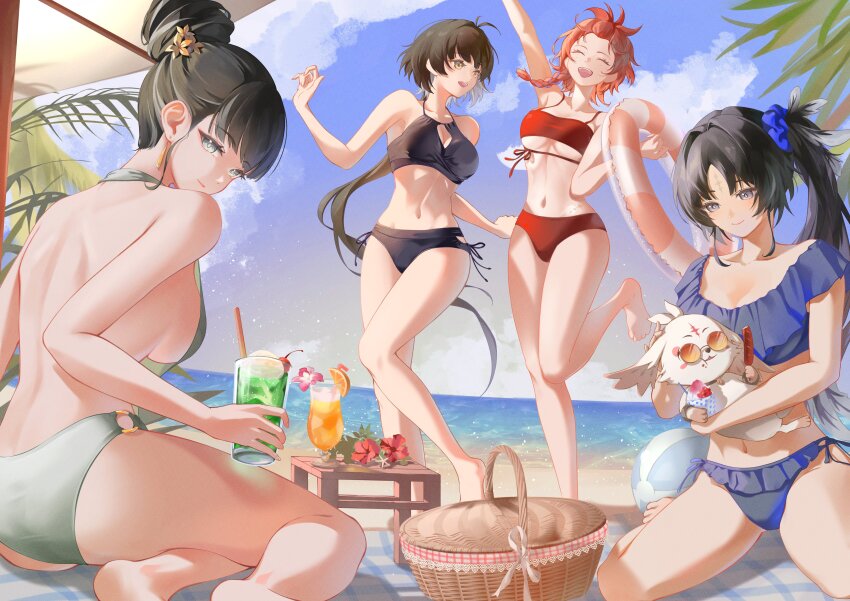 1other 4girls abby_(wuthering_waves) absurdres alternate_costume alternate_hairstyle baizhi_(wuthering_waves) ball bare_arms bare_back bare_legs bare_shoulders barefoot beach beach_towel beachball bikini black_bikini black_eyes black_hair blue_bikini blue_scrunchie blue_sky braid breasts chigusa7h chixia_(wuthering_waves) cleavage cleavage_cutout closed_eyes closed_mouth clothing_cutout collarbone colored_inner_hair commentary_request cup drinking_glass drinking_straw earrings eating feather_hair feet female_rover_(wuthering_waves) food fruit green_bikini green_eyes green_pupils hair_bun hair_ornament highres holding holding_cup holding_food holding_swim_ring ice_cream ice_cream_float innertube jewelry large_breasts long_hair looking_at_another looking_at_viewer low-tied_long_hair median_furrow multicolored_hair multiple_girls navel ocean open_mouth orange-tinted_eyewear orange_(fruit) orange_slice outdoors outstretched_arm parted_bangs picnic_basket red_bikini red_hair rover_(wuthering_waves) sand sausage scrunchie shaved_ice shoulder_blades side-tie_bikini_bottom side_ponytail sideboob sidelocks single_hair_bun sitting sky smile soles standing standing_on_one_leg stomach streaked_hair swim_ring swimsuit table tacet_mark_(wuthering_waves) tinted_eyewear toes towel underboob very_long_hair wariza white_hair wuthering_waves yangyang_(wuthering_waves) yellow_eyes yokozuwari