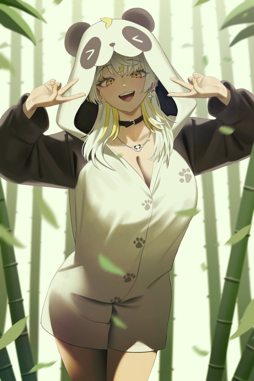 1girl absurdres animal_ear_hood animal_ears animal_hood bamboo bamboo_forest blonde_hair breasts choker cleavage cowboy_shot double_v earrings fake_animal_ears forest highres hood jewelry jiki_(gkdlfnzo1245) looking_at_viewer luvdia multicolored_hair nature necklace open_mouth panda_ears panda_hood park_dona paw_print paw_print_pattern solo streaked_hair two-tone_hair v virtual_youtuber white_hair yellow_eyes