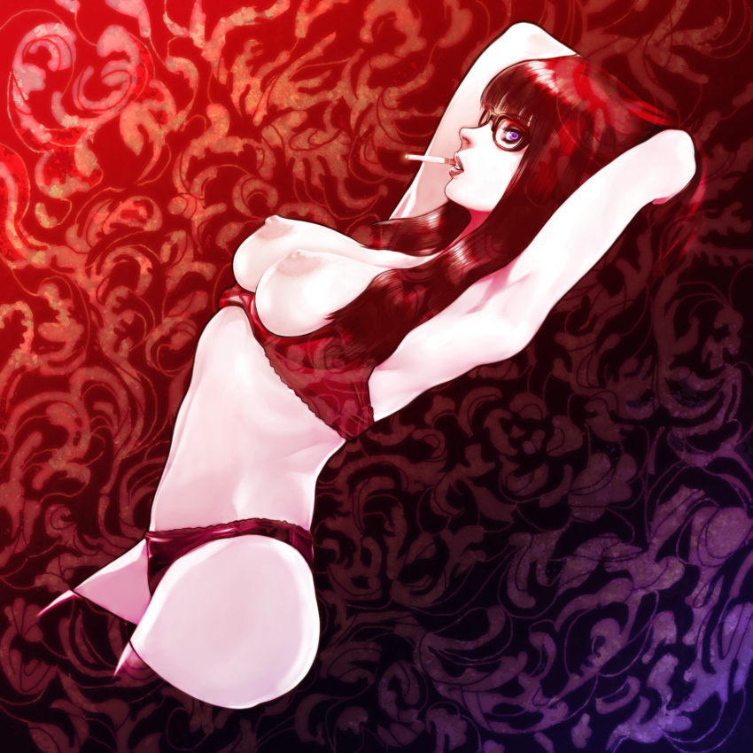 1girl armpits arms_up bra bra_pull breasts brown_hair cigarette clothes_pull female_focus glasses highres long_hair nipples original panties purple_eyes red_theme smoking solo underwear underwear_only vigwer