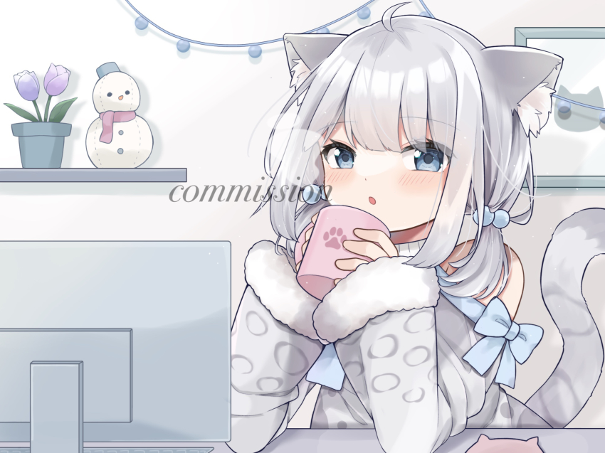 1girl :o animal_ear_fluff animal_ears bad_id bad_pixiv_id blowing blue_bow blue_eyes blush bow clothing_cutout commission cup cyberlive flower fuura_yuri grey_sweater highres holding holding_cup leopard_ears leopard_girl leopard_tail low_twintails mug nono_chitose off_shoulder open_mouth pink_flower pink_tulip purple_flower purple_tulip short_hair shoulder_cutout silver_hair skeb_commission solo sweater tail tulip twintails virtual_youtuber