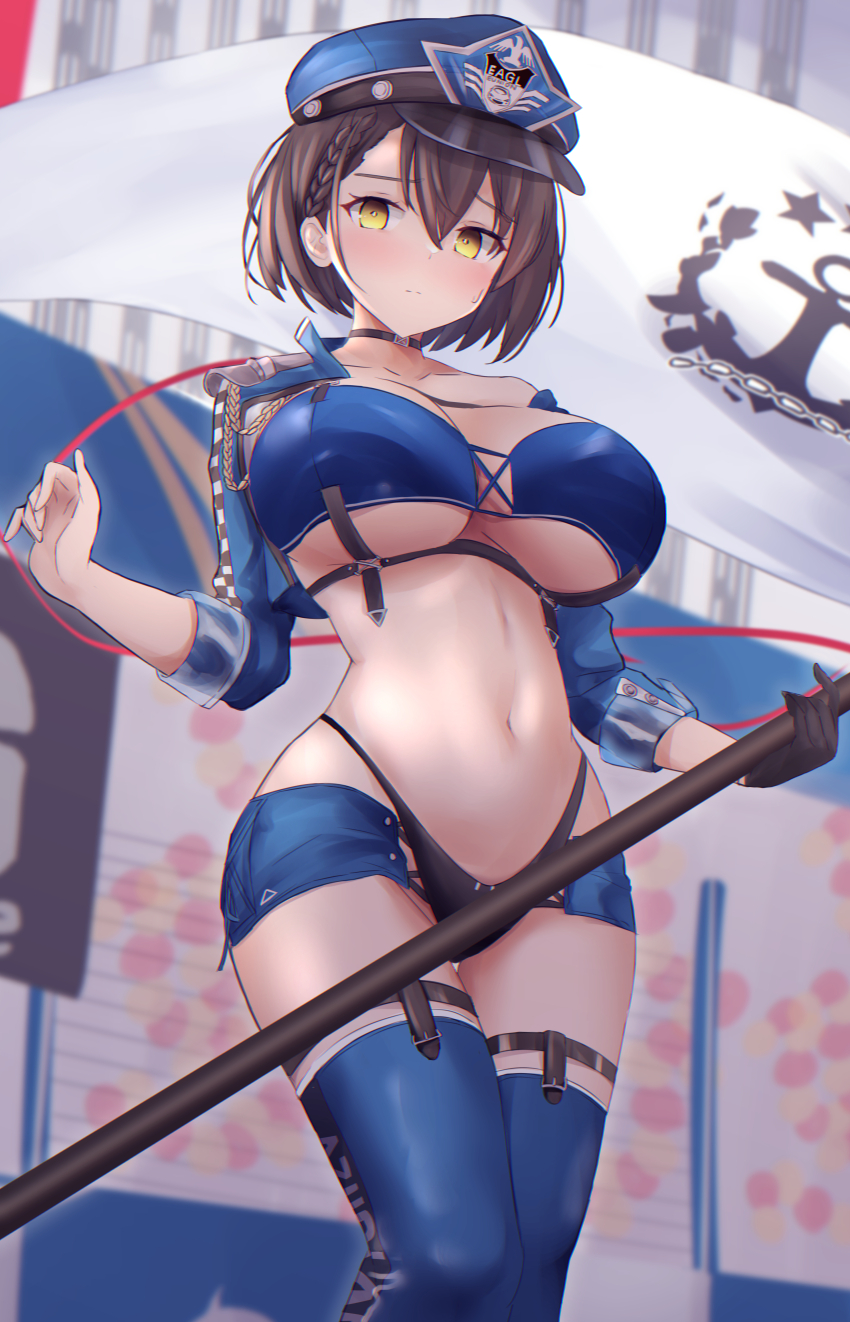 1girl absurdres azur_lane baltimore_(azur_lane) baltimore_(finish_line_flagbearer)_(azur_lane) bikini blue_hat blue_jacket blue_thighhighs blush braid breasts brown_hair closed_mouth commentary_request cropped_jacket cross-laced_clothes flag from_below gloves hair_between_eyes hat highleg highleg_bikini highres holding holding_flag holding_pole jacket large_breasts looking_at_viewer mismatched_bikini official_alternate_costume pole race_queen short_hair sidelocks single_glove solo stomach swimsuit thighhighs thighs underboob yellow_eyes yuuki_shuri