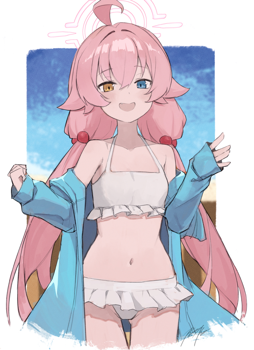 1girl absurdres ahoge bare_shoulders bikini bikini_skirt blue_archive blue_eyes blue_jacket collarbone fang flat_chest frilled_bikini frills gluteal_fold hair_bobbles hair_flaps hair_ornament halo heterochromia highres hoshino_(blue_archive) hoshino_(swimsuit)_(blue_archive) jacket long_hair long_sleeves low_twintails navel official_alternate_costume open_clothes open_jacket open_mouth pink_hair pink_halo punished_pigeon solo spaghetti_strap swimsuit twintails white_bikini yellow_eyes