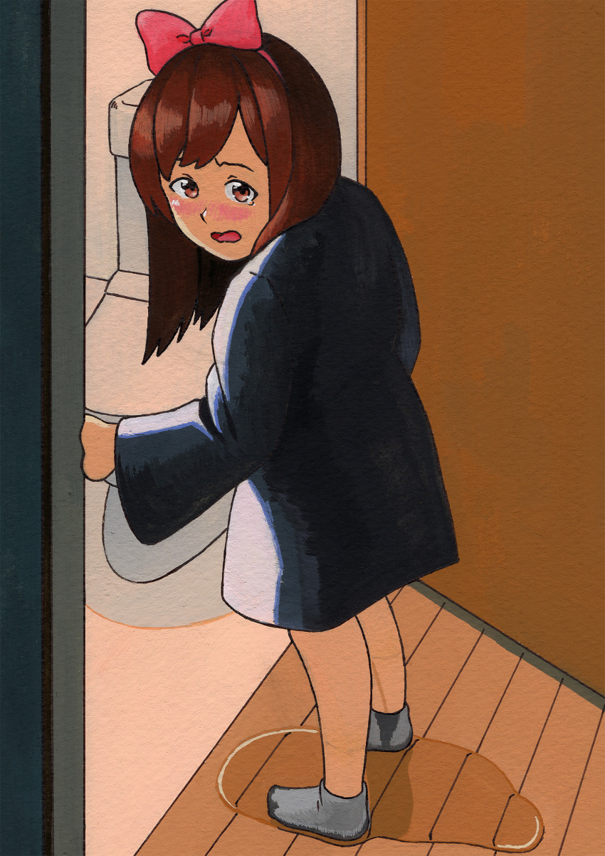 1girl bathroom black_dress blush bow brown_eyes brown_hair cosplay door dress embarrassed grey_socks hair_bow halloween halloween_costume kiki_(majo_no_takkyuubin) kiki_(majo_no_takkyuubin)_(cosplay) long_hair long_sleeves looking_at_viewer majo_no_takkyuubin open_mouth original peeing peeing_self puddle red_bow shoumizumaru_magamo socks standing studio_ghibli tears toilet wet wet_clothes wet_socks