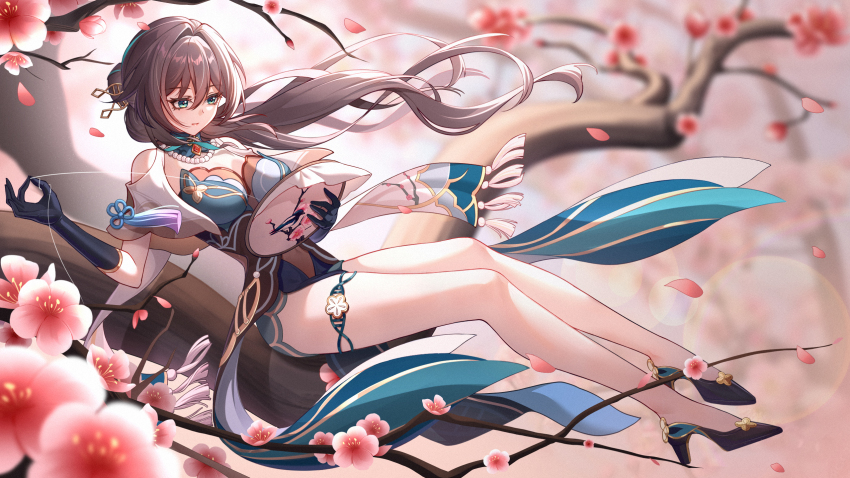 1girl bare_shoulders black_gloves blue_eyes book breasts brown_hair china_dress chinese_clothes cleavage dress elbow_gloves embroidery embroidery_hoop flower full_body gloves hair_ornament high_heels highres holding honkai:_star_rail honkai_(series) large_breasts long_hair petals plum_blossoms ruan_mei_(honkai:_star_rail) sitting solo yuki_xiao