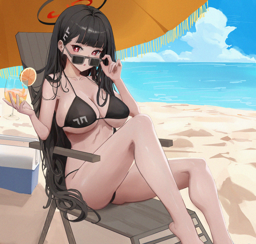 1girl beach beach_chair beach_umbrella bikini black_bikini black_hair blue_archive blue_sky blunt_bangs breasts bright_pupils cleavage cloud collarbone commentary cup cut_bangs food fruit hair_ornament halo highres jwh8090 knee_up large_breasts long_hair looking_at_viewer ocean open_mouth orange_(fruit) orange_slice red_eyes rio_(blue_archive) sitting sky solo string_bikini sunglasses swimsuit umbrella very_long_hair white_pupils