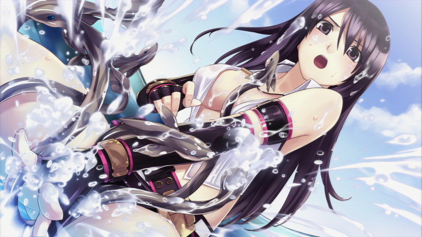 1girl agarest_senki agarest_senki_(series) agarest_senki_2 black_eyes black_hair breasts eel female_focus game_cg hirano_katsuyuki long_hair official_art open_mouth solo splashing vanessa_(agarest_senki) water wet