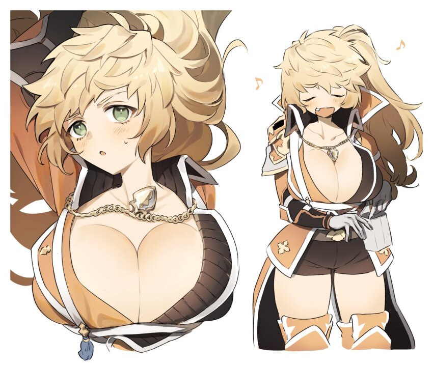 1girl bag blonde_hair blush breasts cleavage genderswap genderswap_(mtf) granblue_fantasy green_eyes high_ponytail huge_breasts jewelry long_hair messy_hair musical_note necklace satchel shorts solo thighhighs umeda_shiso vane_(granblue_fantasy)