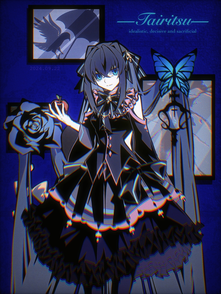 1girl absurdres ace_(playing_card) ace_of_hearts arcaea blue_background blue_dress blue_eyes blue_flower blue_hair blue_rose bug butterfly card character_name dress english_text eternalcompass flower heart highres insect long_hair picture_frame playing_card rose short_sleeves solo tairitsu_(arcaea)