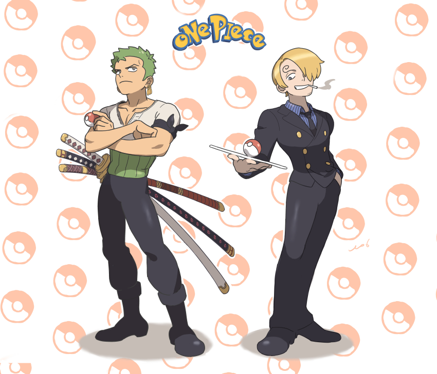 2boys absurdres blonde_hair collared_shirt crossed_arms curly_eyebrows facial_hair full_body goatee green_hair hair_over_one_eye highres male_focus multiple_boys necktie no.6_(numberr_6) one_piece poke_ball pokemon_rgby_(style) roronoa_zoro sanji_(one_piece) shirt short_hair smile standing striped_clothes striped_shirt style_request vertical-striped_clothes vertical-striped_shirt