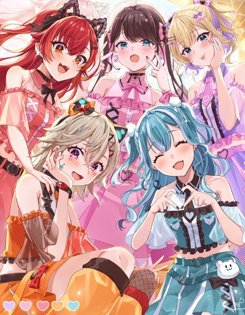 4-finger_heart_hands 5girls absurdres alternate_costume animal_ear_hairband animal_ears aqua_eyes armpits bare_shoulders belt black_choker black_hair blonde_hair blue_hair blue_shirt blue_skirt blush bow bowtie breast_pocket brown_hair cat_ear_hairband cat_ears center_frills choker commentary_request cropped_shirt cross-laced_clothes cross-laced_skirt cross-laced_top crossed_bangs double-parted_bangs double_inward_v ear_piercing earrings fake_animal_ears fang fishnet_thighhighs fishnets frilled_hairband frilled_shirt frilled_sleeves frills hair_bow hair_ornament hairband hairclip halter_shirt halterneck hand_on_another&#039;s_shoulder heart heart_hands highres idol_clothes jewelry kaga_nazuna kneeling komori_met kurumi_noah long_hair looking_at_viewer medium_hair midriff multicolored_hair multiple_girls nail_polish necktie nekota_tsuna off-shoulder_shirt off_shoulder open_mouth orange_eyes orange_shirt orange_skirt piercing pink_hair pink_shirt pink_skirt piyoyanagi pleated_skirt pocket purple_eyes purple_hair purple_shirt purple_skirt red_hair red_shirt red_skirt see-through_clothes see-through_sleeves shiranami_ramune shirt short_sleeves single_thighhigh skin_fang skirt smile squatting standing streaked_hair swept_bangs thighhighs tongue tongue_out twintails two_side_up virtual_youtuber vspo! w watch white_hair white_streaks wing_collar wrist_bow wristwatch