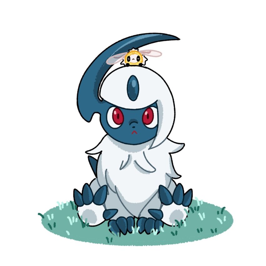 :&lt; absol animal_focus claws closed_mouth creatures_(company) cutiefly fluffy full_body game_freak gen_3_pokemon gen_7_pokemon highres horns insect_wings looking_at_viewer mane neck_fur nintendo no_humans nose_poke000 on_grass pokemon pokemon_(creature) red_eyes simple_background single_horn sitting white_background white_fur wings