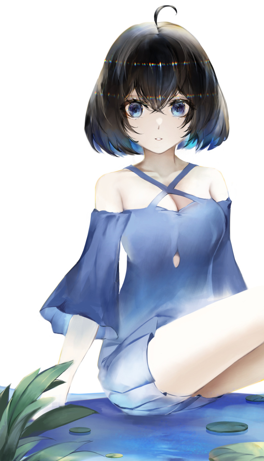 1girl absurdres ahoge bare_shoulders black_hair blue_dress blue_eyes blue_hair breasts character_request chinese_commentary cleavage commentary_request copyright_request criss-cross_halter dress hair_between_eyes halterneck highres kailu_(kyshiro) lily_pad long_sleeves looking_at_viewer medium_breasts multicolored_hair off-shoulder_dress off_shoulder parted_lips pleated_dress seele_vollerei short_dress short_hair simple_background sitting solo thighs white_background wide_sleeves