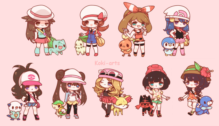 6+girls :d aqua_shirt aqua_socks artist_name bare_shoulders baseball_cap beanie black_hair black_jacket black_pantyhose black_shirt black_shorts black_socks blonde_hair blue_eyes blue_footwear blue_hair blue_overalls blush blush_stickers bow braid brown_eyes brown_hair bulbasaur chibi chikorita closed_eyes closed_mouth commentary creatures_(company) dawn_(pokemon) denim denim_shorts double_bun english_commentary eyelashes eyewear_on_headwear fang fennekin floral_print floral_print_shirt flower full_body game_freak gen_1_pokemon gen_2_pokemon gen_3_pokemon gen_4_pokemon gen_5_pokemon gen_6_pokemon gen_7_pokemon green_shorts hair_bow hair_bun hairband hand_on_own_hip hands_on_own_hips hat hat_bow hat_flower hilda_(pokemon) holding holding_poke_ball jacket kneehighs koki_arts leaf_(pokemon) litten long_hair long_sleeves lyra_(pokemon) may_(pokemon) mega_ring multiple_girls nintendo o3o one_eye_closed open_clothes open_jacket open_mouth orange_shirt oshawott overalls pantyhose pink_background pink_bag pink_footwear pink_hat pink_scarf pink_skirt pink_socks piplup poke_ball poke_ball_(basic) poke_ball_print pokemon pokemon_(creature) pokemon_bw pokemon_bw2 pokemon_dppt pokemon_frlg pokemon_hgss pokemon_oras pokemon_sm pokemon_usum pokemon_xy popplio purple_eyes red_bow red_flower red_footwear red_hairband red_hat red_shirt red_skirt scarf selene_(pokemon) shirt short_hair short_hair_with_long_locks short_shorts shorts sidelocks simple_background skirt sleeveless sleeveless_shirt smile snivy socks standing straw_hat sunglasses tank_top torchic twin_braids twintails v-shaped_eyebrows visor_cap vs_seeker white-framed_eyewear white_hat white_shorts white_skirt white_socks yellow_bag yellow_shirt yellow_skirt z-ring