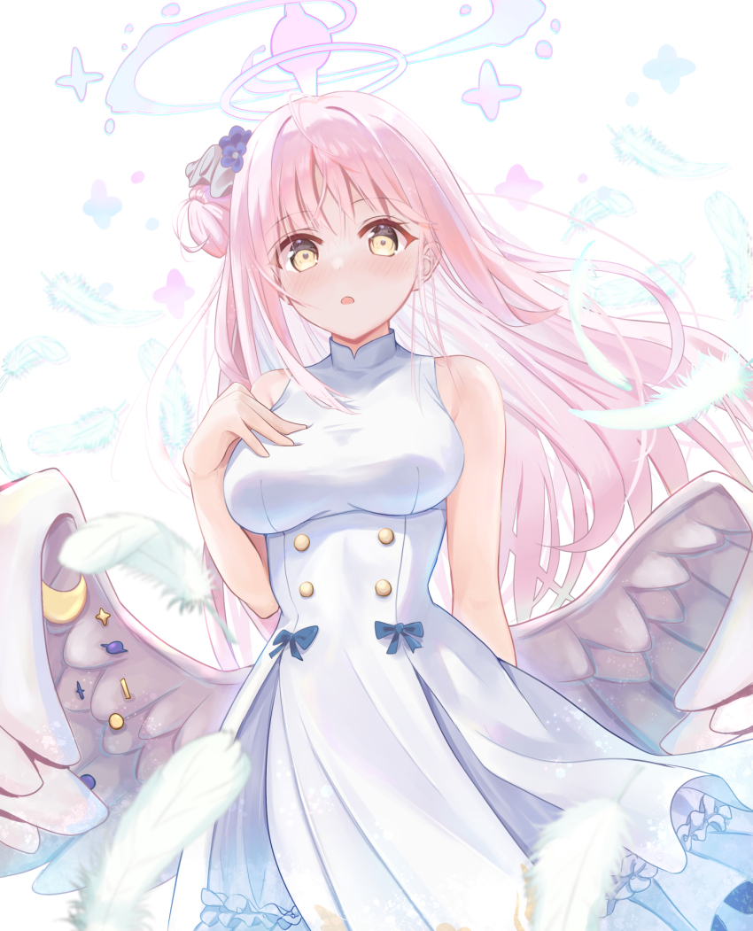 1girl bare_shoulders blue_archive blush dress halo highres long_hair looking_at_viewer mika_(blue_archive) nekozya1 open_mouth pink_hair solo white_dress wings yellow_eyes