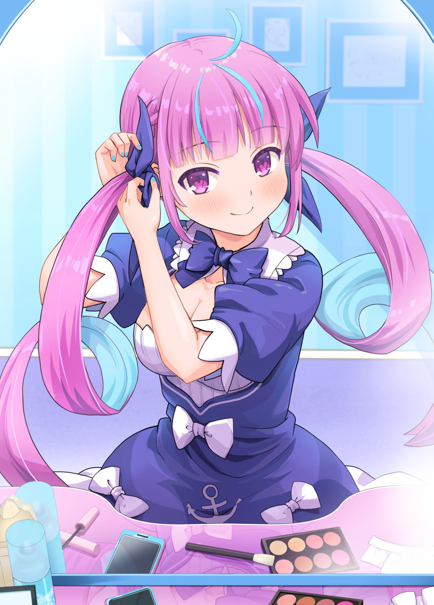 1girl absurdres ahoge anchor_symbol blue_hair blunt_bangs bow breasts cellphone cleavage commentary_request hair_ribbon haniwa_(leaf_garden) headdress_removed highres hololive maid_headdress makeup makeup_brush minato_aqua mirror phone pink_eyes pink_hair ribbon smartphone smile solo twintails tying_hair virtual_youtuber