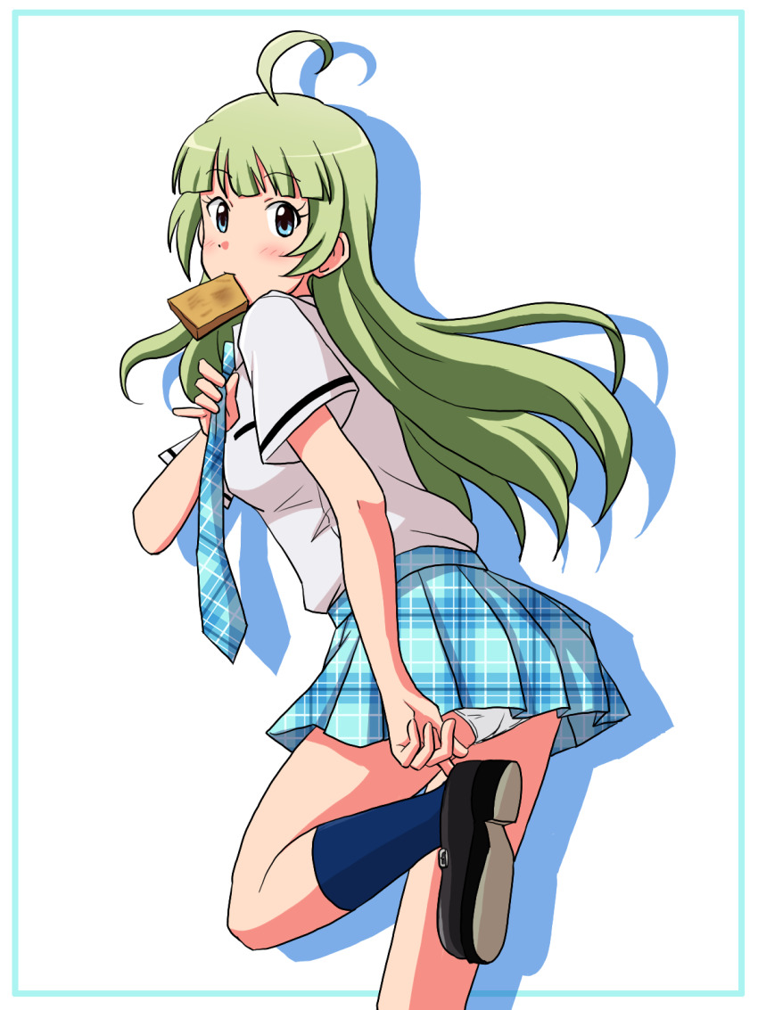 1girl adjusting_clothes adjusting_footwear adjusting_necktie ahoge black_footwear blue_eyes blue_necktie blue_skirt blue_socks blush bread bread_slice breasts checkered_necktie commentary_request dot_nose food green_hair highres idolmaster idolmaster_million_live! idolmaster_million_live!_theater_days lielos long_hair looking_at_viewer medium_breasts miniskirt necktie panties pantyshot plaid_clothes plaid_skirt school_uniform shadow shimabara_elena shirt short_sleeves skirt socks solo standing standing_on_one_leg thighs underwear white_background white_panties white_shirt