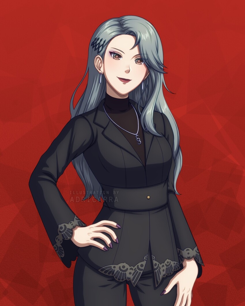 1girl adricarra black_jacket black_pants black_shirt breasts cowboy_shot earrings grey_hair hair_ornament hairpin hand_on_own_hip highres jacket jewelry large_breasts multiple_hairpins necklace niijima_sae orange_eyes pants persona persona_5 purple_nails shirt smile solo