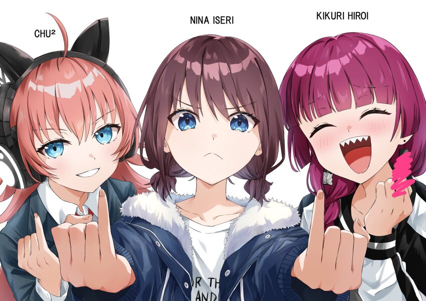 3girls :&lt; ^_^ ahoge animal_ear_headphones animal_ears bang_dream! blue_eyes blue_jacket blush bocchi_the_rock! braid brown_hair censored censored_gesture character_name closed_eyes collarbone commentary_request earrings fake_animal_ears genre_connection girls_band_cry headphones highres hiroi_kikuri hood hooded_jacket iseri_nina jacket jewelry kikugawa_roku long_hair long_sleeves looking_at_viewer low_twintails multiple_girls neck_ribbon open_clothes open_jacket open_mouth pink_hair pinky_out purple_hair red_ribbon ribbon sharp_teeth shirt short_hair short_twintails single_braid tamade_chiyu teeth twintails upper_body white_shirt