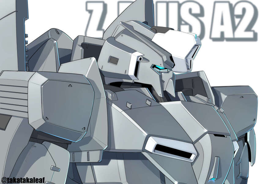 blue_eyes character_name commentary_request from_side gundam gundam_sentinel highres mecha mecha_focus mobile_suit no_humans robot science_fiction solo takaba_akinori text_background twitter_username upper_body v-fin white_background zeta_plus zeta_plus_a2