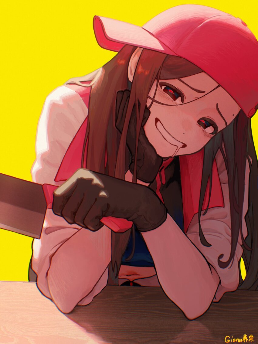 1girl artist_name backwards_hat baseball_cap black_eyes black_gloves black_hair black_shirt butcher_vanity_(synthesizer_v) cleaver crop_top drooling gionaqiaonai gloves hand_on_own_cheek hand_on_own_face hat highres holding holding_cleaver jacket long_hair looking_at_viewer mole mole_above_eye navel navel_peek red_hat red_pupils shirt signature simple_background synthesizer_v table teeth white_jacket yellow_background yi_xi_(synthesizer_v)