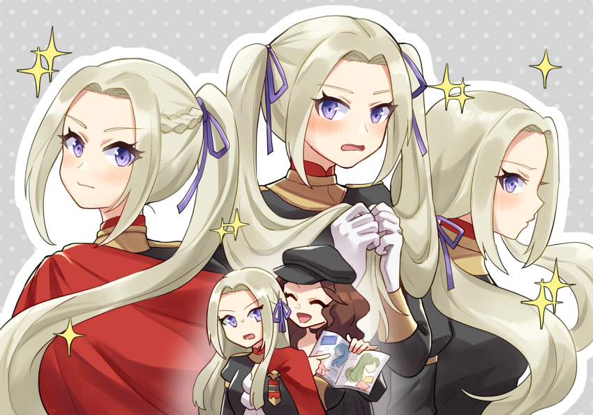 2girls alternate_hairstyle blonde_hair blush book brown_hair capelet closed_eyes closed_mouth commentary_request confused dorothea_arnault edelgard_von_hresvelg fire_emblem fire_emblem:_three_houses friends from_side garreg_mach_monastery_uniform grey_background hair_flowing_over hair_ribbon happy hat high_ponytail holding holding_book juliet_sleeves long_hair long_sleeves looking_at_viewer looking_to_the_side low_twintails multiple_girls nintendo open_book open_mouth parted_bangs ponytail puffy_sleeves purple_eyes purple_ribbon qi&#039;e_(penguin) red_capelet ribbon side_cape sparkle sparkling_aura standing sweatdrop twintails wavy_hair