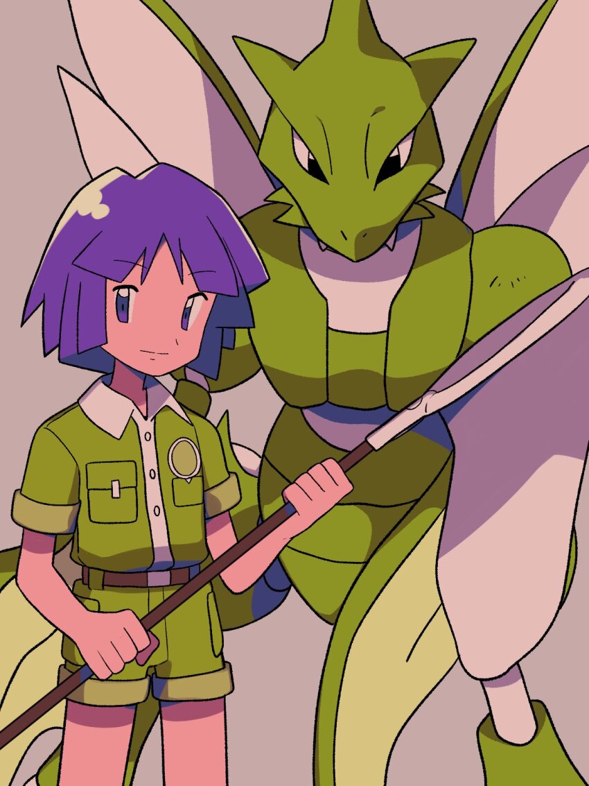 1boy belt belt_buckle brown_belt buckle bugsy_(pokemon) butterfly_net closed_mouth collared_shirt commentary_request creatures_(company) game_freak gen_1_pokemon green_shirt green_shorts grey_background hand_net highres holding holding_butterfly_net male_focus nintendo pokemon pokemon_(creature) pokemon_gsc purple_eyes purple_hair scyther shirt short_hair short_sleeves shorts smile split_mouth tyako_089