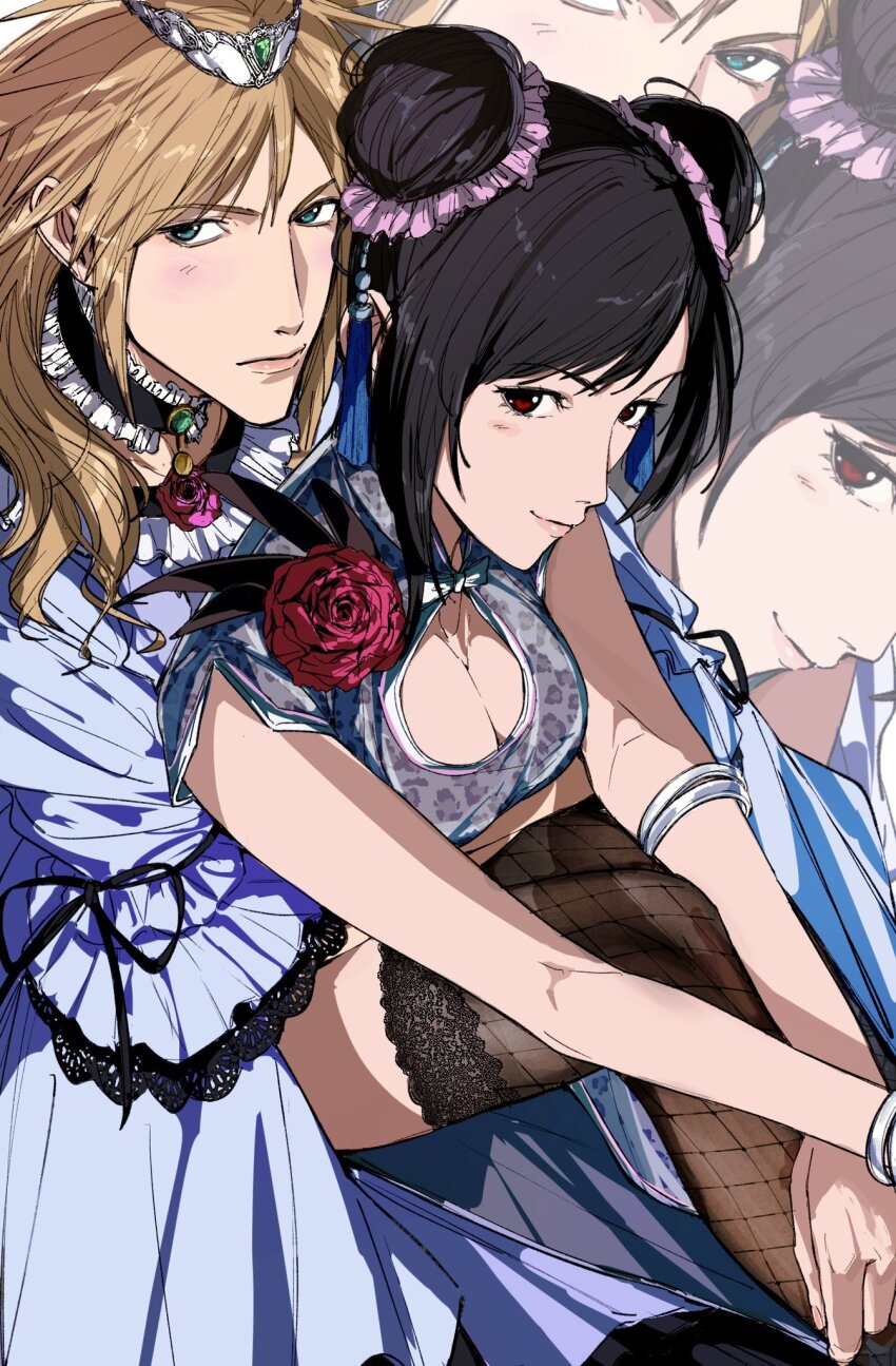 1boy 1girl amikoiiko armlet bangle black_hair black_thighhighs blonde_hair blue_eyes bracelet breasts china_dress chinese_clothes choker cleavage cleavage_cutout closed_mouth clothing_cutout cloud_strife cloud_strife_(ball_gown) couple crossdressing crown double_bun dress feet_out_of_frame final_fantasy final_fantasy_vii final_fantasy_vii_remake fishnet_thighhighs fishnets flower frilled_choker frilled_dress frills from_above grey_dress hair_bun hair_ornament hashtag-only_commentary highres jewelry knees_up lace lace-trimmed_thighhighs lace_trim large_breasts light_blush lips long_hair looking_at_viewer official_alternate_costume pink_lips red_eyes red_flower short_dress sitting sitting_on_lap sitting_on_person spiked_hair thighhighs tifa_lockhart tifa_lockhart_(sporty_dress)