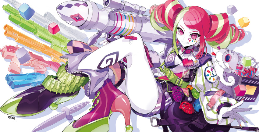 1girl asymmetrical_footwear choker drill_hair explosive green_hair grenade gun highres holding holding_weapon looking_at_viewer mismatched_footwear nail_polish original puppeteer7777 red_eyes red_hair rifle rocket_launcher smile solo spiked_choker spikes twin_drills weapon