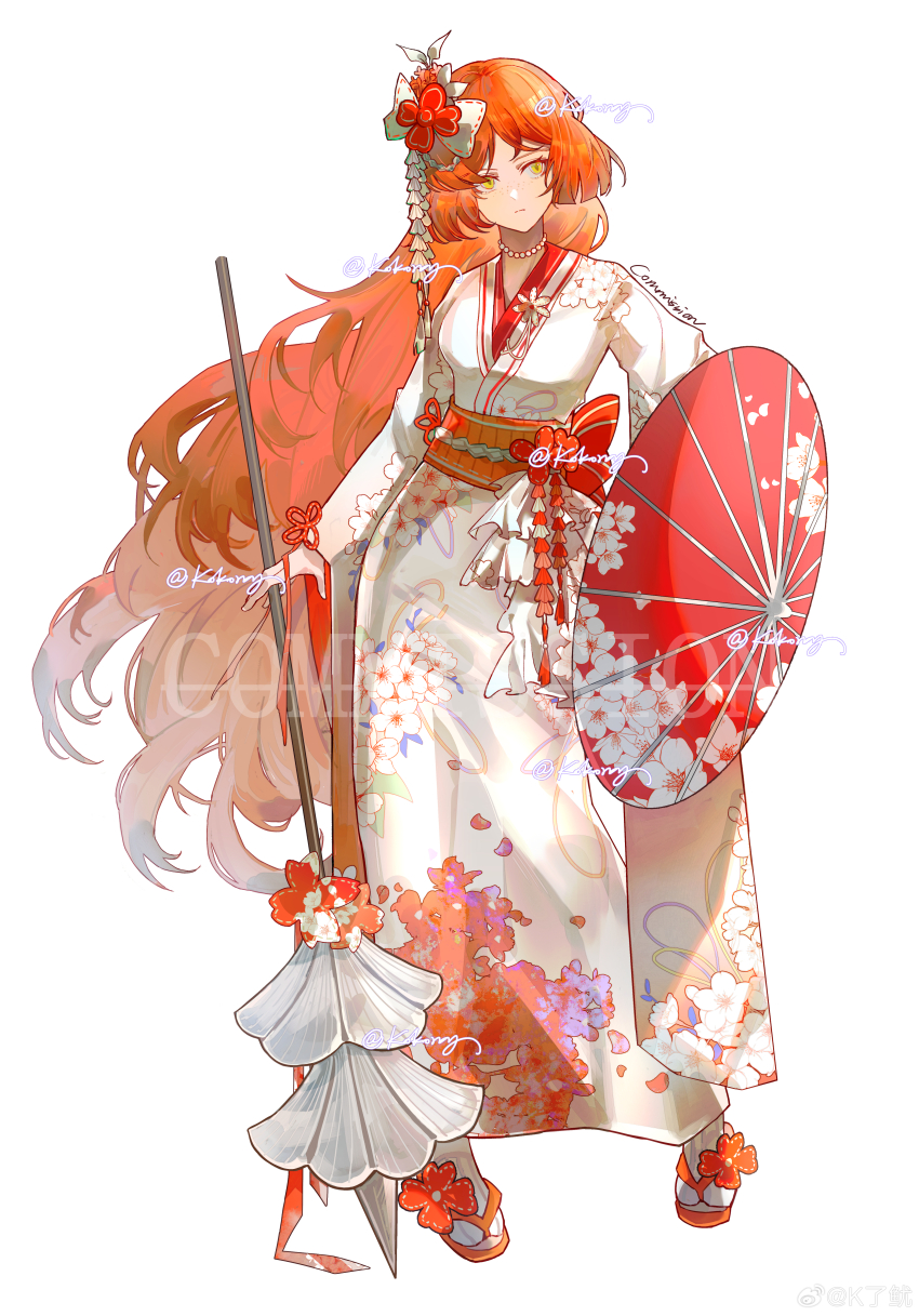 1girl absurdres floral_print floral_print_kimono full_body hair_ornament highres holding holding_weapon ishmael_(project_moon) japanese_clothes jewelry kanzashi kimono koroy limbus_company long_hair necklace obi orange_hair pearl_necklace print_kimono project_moon sash simple_background solo umbrella very_long_hair weapon white_background