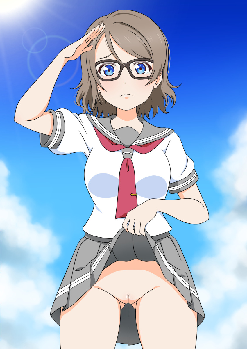 1girl absurdres blue_eyes breasts cleft_of_venus clothes_lift commission facing_viewer frown glasses gluteal_fold grey_skirt highleg highleg_one-piece_swimsuit highres lifting_own_clothes light_brown_hair love_live! love_live!_sunshine!! medium_breasts medium_hair neckerchief one-piece_swimsuit pussy red_neckerchief salute school_uniform serafuku shirt skeb_commission skirt skirt_lift sky swimsuit tears usazirou539 watanabe_you white_shirt